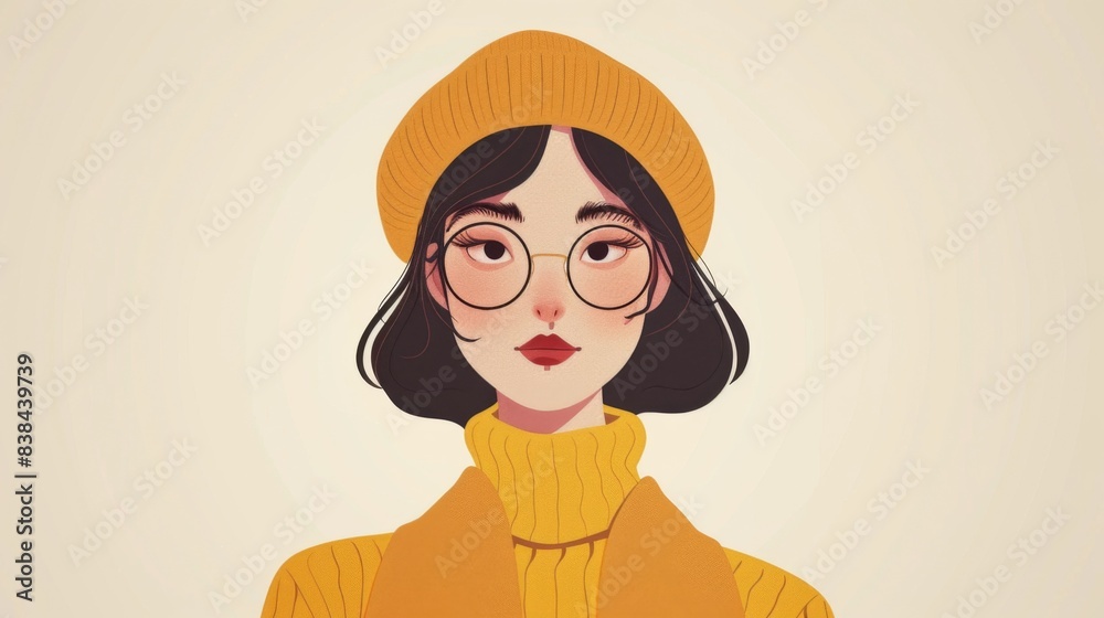 Poster a cartoon drawing of a woman with glasses and hat, ai