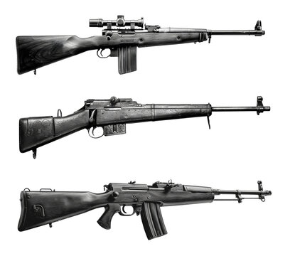 Collection of  ww II rifles isolated on transparent background.