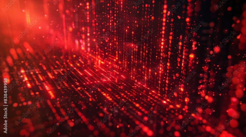Poster a glowing, abstract background of red binary code and digital lines