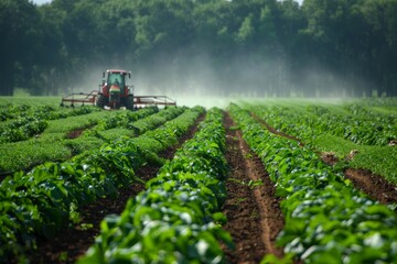 Obraz premium Genetically Modified Potato Harvesting Field with Modern Machinery and Farmer Oversight