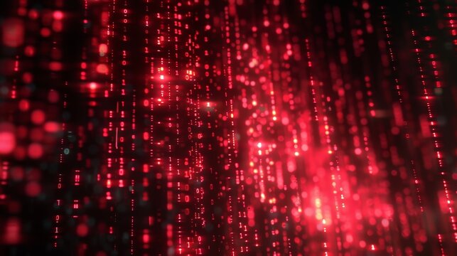 A computer-generated image of red binary code falling down against a black background