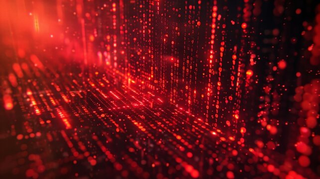A glowing, abstract background of red binary code and digital lines