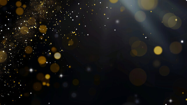 Golden particles on dark background. Festive abstract Christmas texture, golden bokeh particles and highlights on dark background. Glitter and spark festive abstract design with copy space