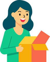 Smiling woman opening carton box illustration