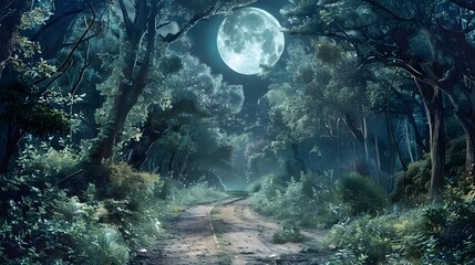 Enchanting Moonlit Path Through Mysterious Forest Landscape