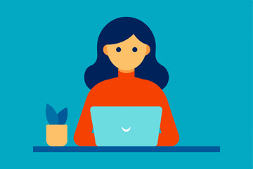 Woman casualy work from home using laptop falt illustration