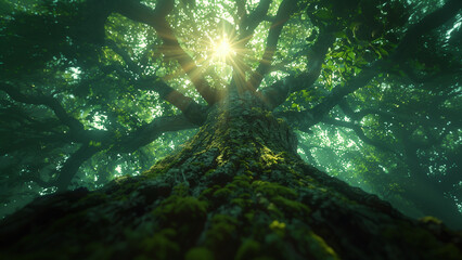Obraz premium Giant Ceiba Tree - Looking up at tree, Bark, Nature, Green, Branches, Amazon, Lush greenery, Tropical Green, Undergrowth