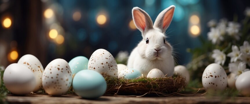 Creative easter composition with decorative white eggs and bunny.
