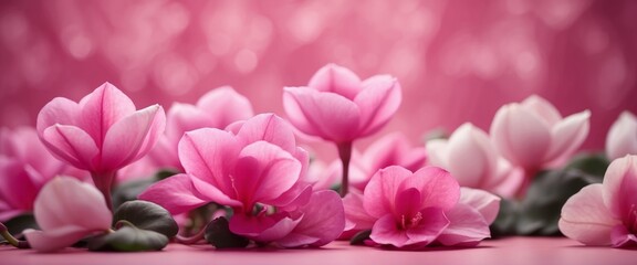 Cyclamen flowers on pink background with white frame Abstract backdrop. - Powered by Adobe