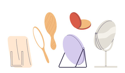 Vector Illustration Of Various Hair Styling And Grooming Tools, Including Mirrors, Brushes, And Combs, Isolated On White