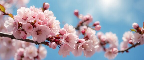 Obraz premium Branches of blossoming cherry macro with soft focus on gentle light blue sky background in sunlight with copy space Beautiful floral image of spring nature panoramic view.