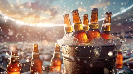 Tailgate Party Banner with Ice-Cold Beers in a Stadium Setting for Promotional Design