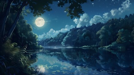 Enchanting Moonlit Landscape with Reflective Lake and Lush Forest
