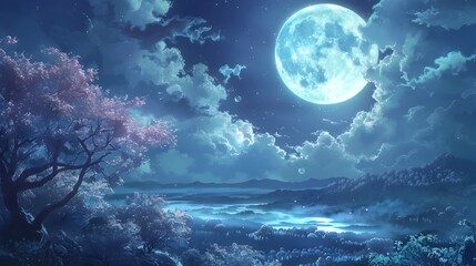 Fototapeta premium Enchanting Moonlit Landscape with Serene Lake and Magical Cherry Blossom Tree