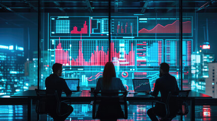 Silhouetted colleagues analyzing data with charts on digital screens in a modern office, emphasizing technology and teamwork.