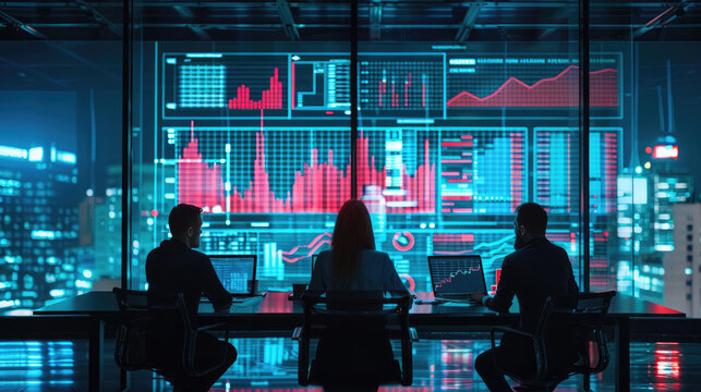 Silhouetted colleagues analyzing data with charts on digital screens in a modern office, emphasizing technology and teamwork.