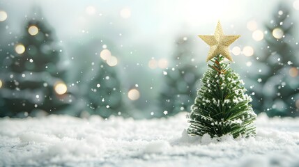 Obraz premium White snowy christmas tree with lights in winter landscape