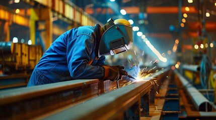 Realistic photo Welder welding metal, lots of sparks and wearing protective equipment