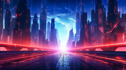 A neon city street with a car and a person walking.
