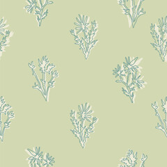 Abstract wild plants and flowers seamless pattern. Botanical ornament of continuous line drawing. Vector floral design.