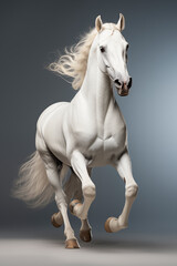 A Graceful White Stallion Runs Against A Grey Background