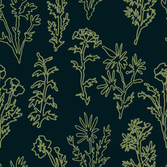Abstract wild plants and flowers seamless pattern. Botanical ornament of continuous line drawing. Vector floral design.