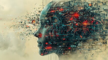 An abstract digital portrait of a person with circuitry and data superimposed on their face, showcasing a modern and futuristic concept
