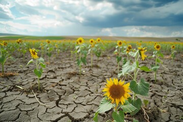 Obraz premium Genetically Modified Sunflowers Thriving in Desertification-Affected Area Against Stormy Sky