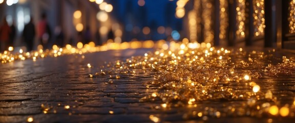 Abstract glittering background of garland on the street Blurry bokeh of night golden lights.