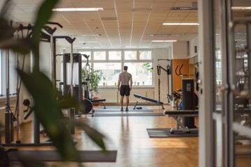 Athlete Rehabilitation Workout with Trainer in a Well-Equipped, Bright Gym Setting