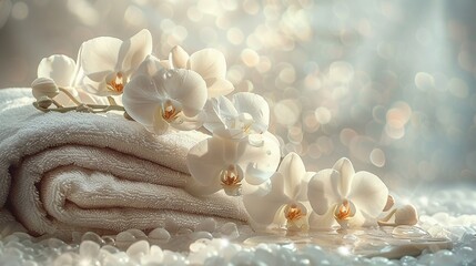 White orchids and towels bathed in gentle morning light, refreshing, watercolor, soft tones, high...