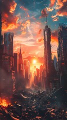 Obraz premium Vibrant Sunset Over Crumbling City Ruins