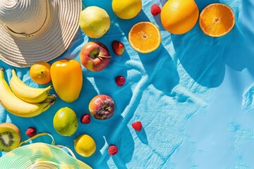 Top view of a straw hat and fresh summer fruit on a blue towel with copy space.