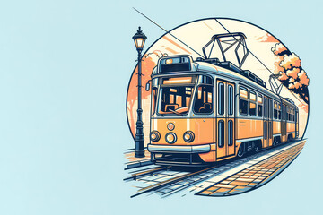 Illustration of a moving tram. Space for text.