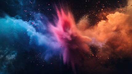 colorful dust powder particles explosion, on black background for overlay