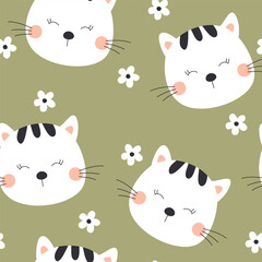 Seamless pattern with cat. Vector illustration with cute cats and flowers on green background. It can be used for wallpapers, wrapping, cards, patterns for clothing and others.