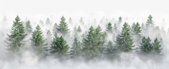Aerial View of Misty Pine Forest with Mist Rising from the Ground Against a White Background. 