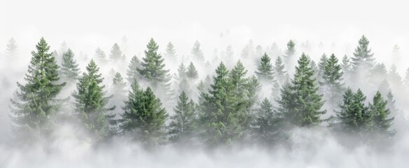 Obraz premium Aerial View of Misty Pine Forest with Mist Rising from the Ground Against a White Background. 