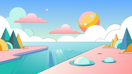 Obraz premium Vibrant Cartoon Landscape with Pastel Colors and Scenic Nature