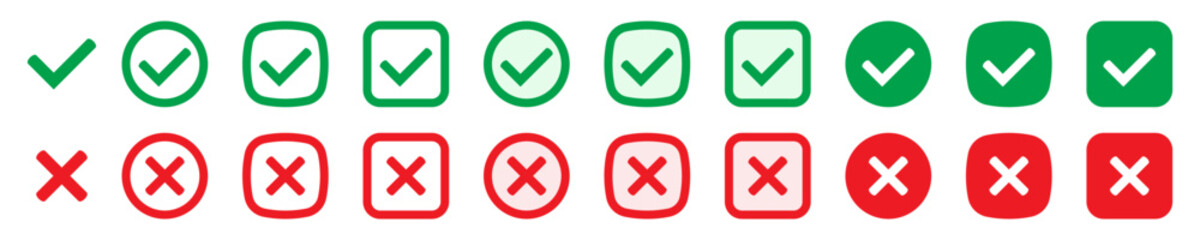 Right or wrong icons. Green tick and red cross checkmarks. Yes or no symbol, approved or rejected icon for user interface.