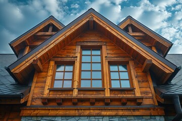 Fototapeta premium New residential construction home framing against a blue sky. Roofing construction. Wooden construction. Construction of a wooden house
