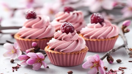   Three close-up cupcakes with pink frosting and raspberries