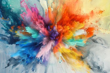 Color explosion on a canvas, showing the moment of impact as various paint colors collide and mix, forming a chaotic yet beautiful abstract artwork 