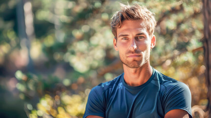 A close-up image that captures the eyes and face of a strong and fearless man. An athlete ready and with his face focused to begin his cardiovascular training for the trail runner competitions.