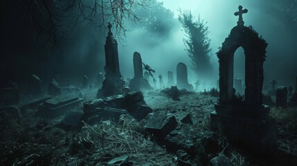 Haunted graveyard at night, with ancient tombstones, mist swirling around the ground, and ghostly...