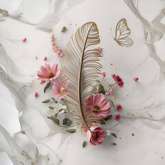 The beauty of nature with a marble background showcasing a delicate feather, vibrant flower, and graceful butterfly, all rendered in stunning detail for a truly unique wall decoration