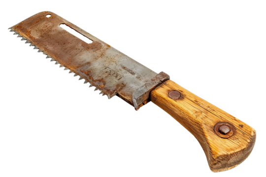 Vintage rustic saw with a wooden handle and a rusty blade, isolated on a white background. Ideal for antique, tool, or historical themes.