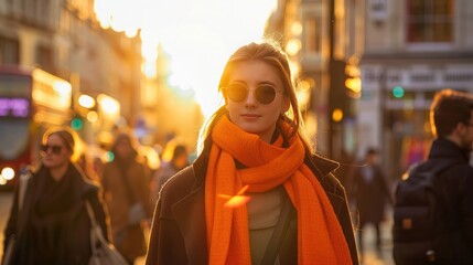 Stylish woman in bright orange scarf and sunglasses walking on busy city street with sun setting in the background
