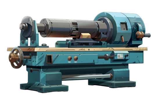A detailed illustration of a blue lathe machine used in industrial and mechanical engineering for precision metal shaping.