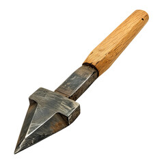 Close-up image of a hand-forged medieval knife with a pointed iron blade and wooden handle, isolated on a white background.